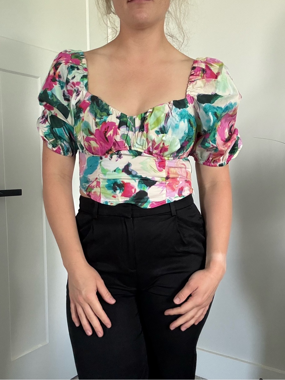 H&M Floral Puff-Sleeve Crop Top in Pink, Teal, Green